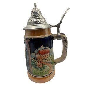 Vintage West German Ceramic Beer Stein Hand-Painted Pewter Lid Hunting Motif